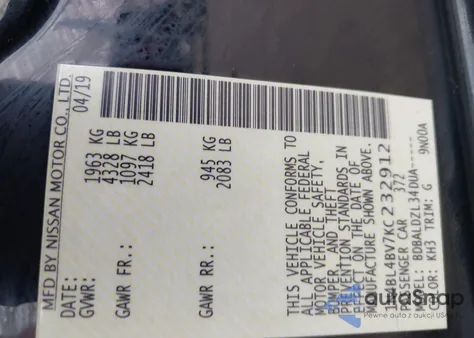 2019 Nissan Altima 2.5 S из США, поврежденный, VIN 1N4BL4BV7KC232912